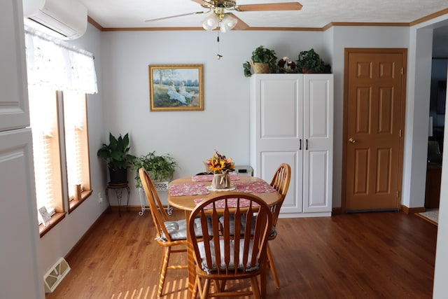 dining room with a wall mounted AC, hardwood / wood-style flooring, a wealth of natural light, and ceiling fan