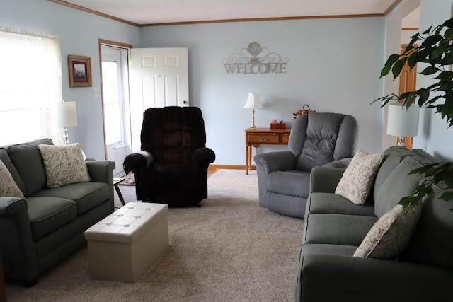 living room with crown molding and light carpet