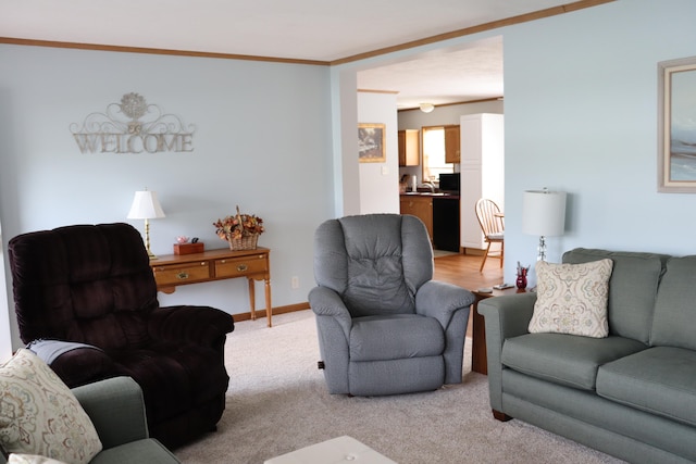 carpeted living room featuring ornamental molding