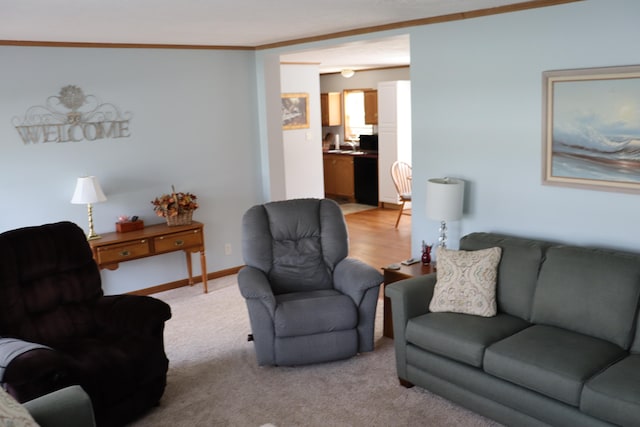 living room with crown molding