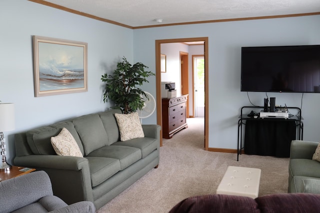 living room featuring ornamental molding, a textured ceiling, and light colored carpet