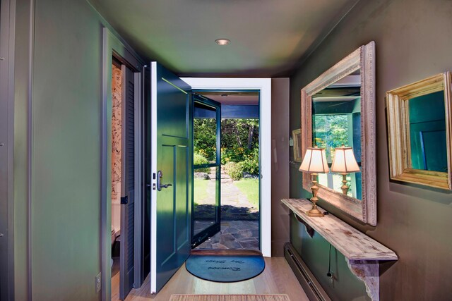 41 Sandpiper Ln, Bristol, ME 04539 - doorway to outside featuring baseboard heating and wood finished floors