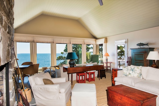 41 Sandpiper Ln, Bristol, ME 04539 - living area with a water view and lofted ceiling