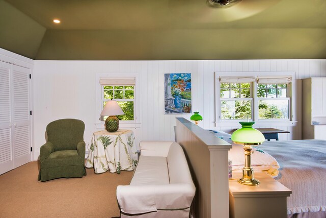 41 Sandpiper Ln, Bristol, ME 04539 - bedroom featuring carpet flooring, a closet, recessed lighting, and vaulted ceiling