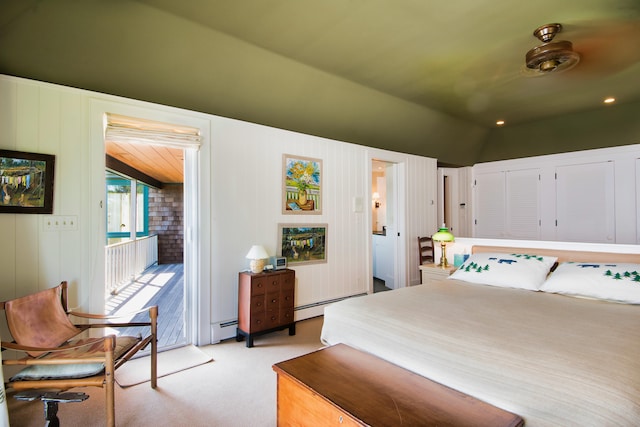 41 Sandpiper Ln, Bristol, ME 04539 - bedroom with a baseboard radiator, access to outside, light carpet, and vaulted ceiling