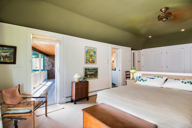 41 Sandpiper Ln, Bristol, ME 04539 - bedroom featuring vaulted ceiling, light colored carpet, baseboard heating, and access to exterior