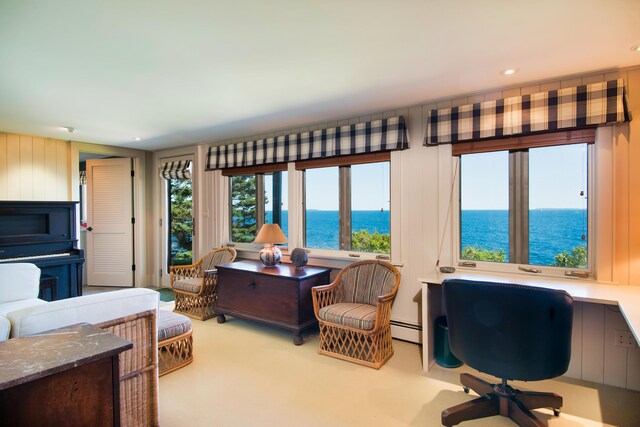 41 Sandpiper Ln, Bristol, ME 04539 - living room with a water view, baseboard heating, and carpet