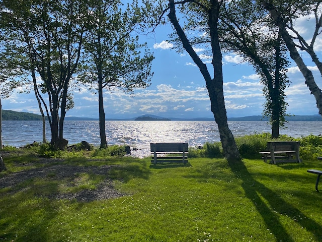 view of home's community featuring a yard and a water and mountain view