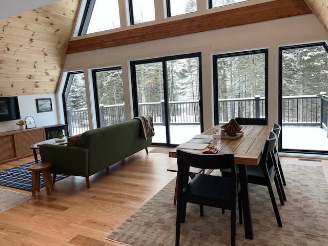 dining room featuring wood walls, high vaulted ceiling, and light hardwood / wood-style flooring