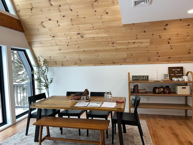 dining room with light hardwood / wood-style floors, lofted ceiling, and wood ceiling