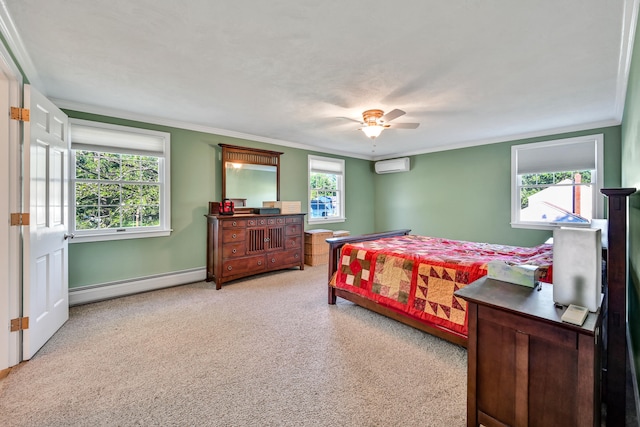 carpeted bedroom featuring a baseboard heating unit, ceiling fan, crown molding, and a wall mounted air conditioner