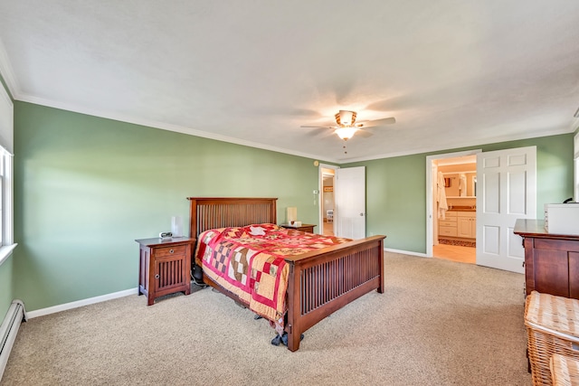 bedroom featuring crown molding, connected bathroom, ceiling fan, and carpet floors