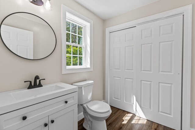 bathroom featuring vanity, toilet, and hardwood / wood-style flooring