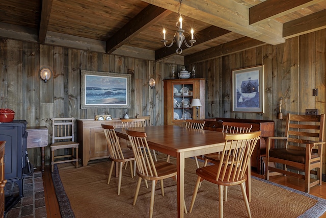 dining room with wood ceiling, wooden walls, beam ceiling, and an inviting chandelier