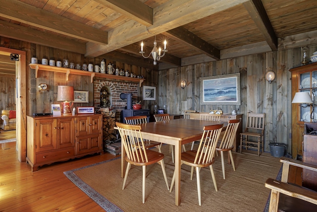 dining room with wooden ceiling, a notable chandelier, wood walls, beamed ceiling, and wood-type flooring