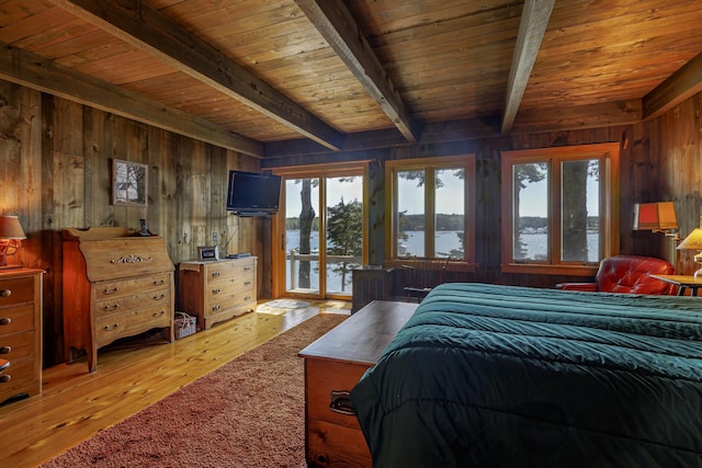 bedroom with wooden ceiling, access to exterior, and wood walls