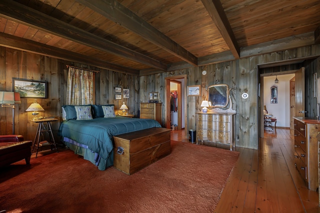 bedroom with dark wood-style floors, wood ceiling, beamed ceiling, and wood walls