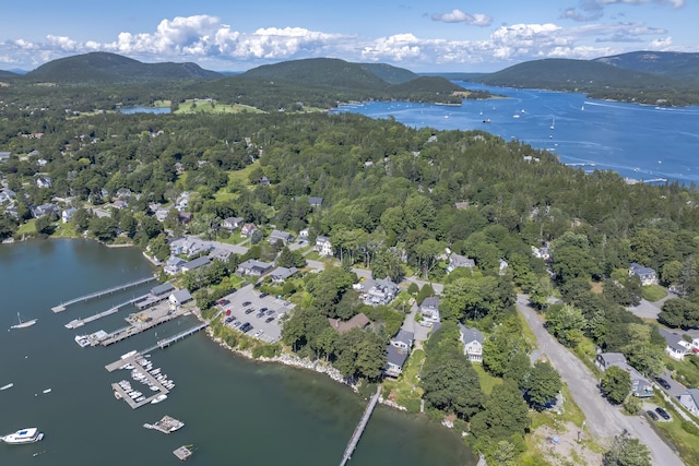 bird's eye view with a water and mountain view