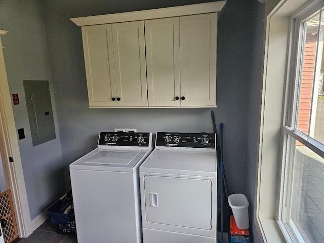 laundry area with cabinets, independent washer and dryer, and electric panel