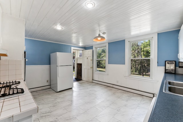 kitchen with wood ceiling, a baseboard heating unit, white appliances, and hanging light fixtures