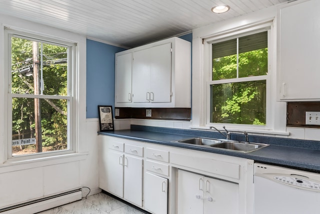 kitchen featuring white cabinetry, baseboard heating, white dishwasher, and sink