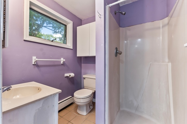 bathroom featuring a shower with curtain, vanity, toilet, a baseboard heating unit, and tile patterned floors