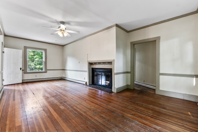 unfurnished living room with ceiling fan, ornamental molding, dark wood-type flooring, and a baseboard heating unit