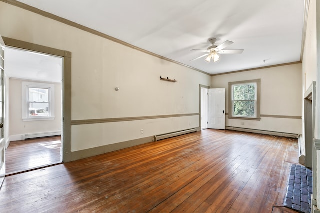 unfurnished living room with wood-type flooring, ceiling fan, and baseboard heating