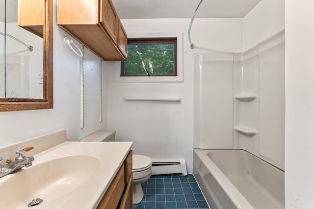 full bathroom featuring shower / bath combination, vanity, baseboard heating, toilet, and tile patterned floors