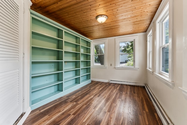 unfurnished room featuring baseboard heating, dark hardwood / wood-style flooring, and wood ceiling