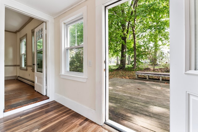 doorway featuring ornamental molding, dark hardwood / wood-style flooring, and a baseboard heating unit