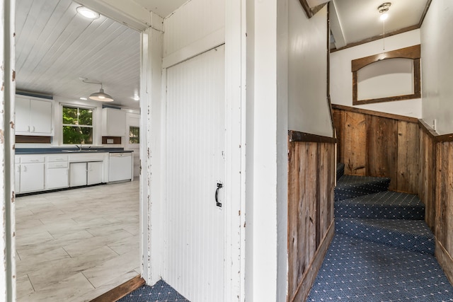 stairway with wooden walls and sink