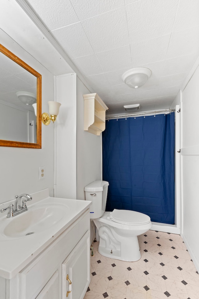 bathroom with vanity, toilet, and a shower with curtain