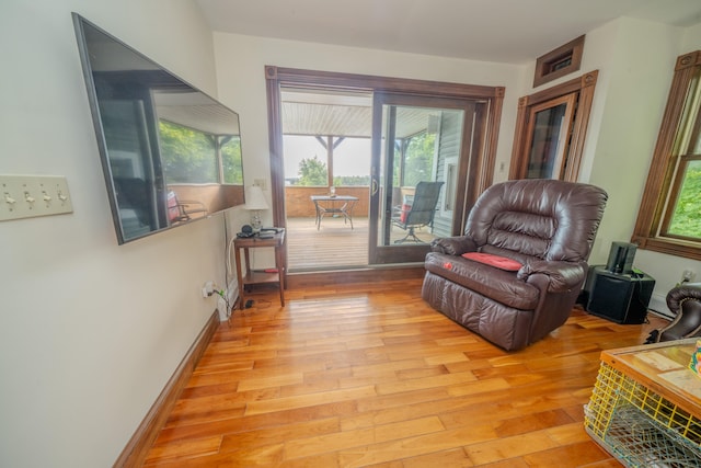 living area with light hardwood / wood-style floors and a healthy amount of sunlight