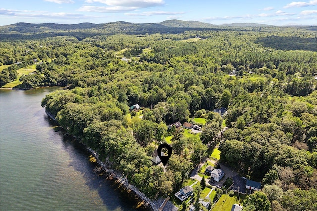 bird's eye view featuring a water and mountain view