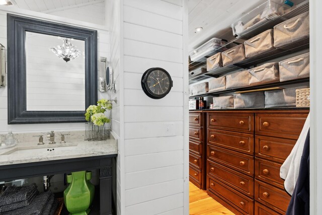 spacious closet featuring sink and light hardwood / wood-style flooring