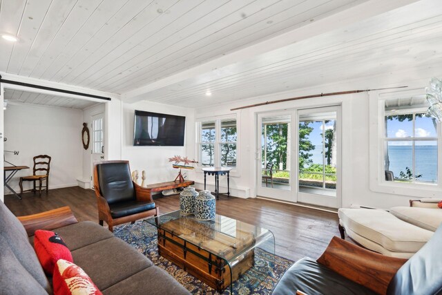 living room with dark hardwood / wood-style floors and beamed ceiling