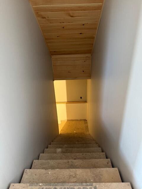 stairway with wood ceiling