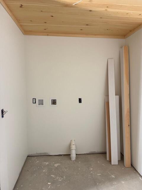 clothes washing area with washer hookup and wooden ceiling