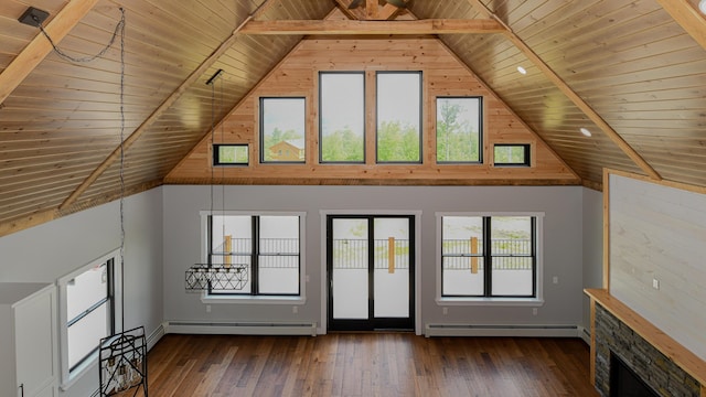 48 Harmony Row, Bethel, ME 04217 - unfurnished living room featuring a wood ceiling with exposed beams, a baseboard heating unit, high vaulted ceiling, and wood-type flooring