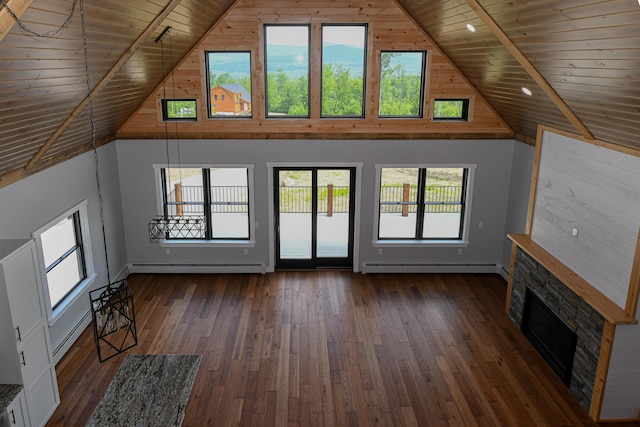 48 Harmony Row, Bethel, ME 04217 - unfurnished living room with wooden ceiling, a baseboard heating unit, baseboard heating, high vaulted ceiling, and dark wood finished floors