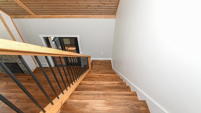 48 Harmony Row, Bethel, ME 04217 - stairway with wood finished floors, wood ceiling, and vaulted ceiling