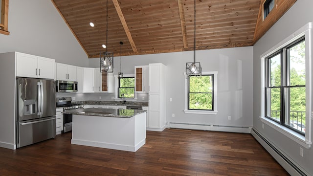 48 Harmony Row, Bethel, ME 04217 - kitchen with appliances with stainless steel finishes, a baseboard radiator, a wood ceiling with exposed beams, dark wood finished floors, and high vaulted ceiling