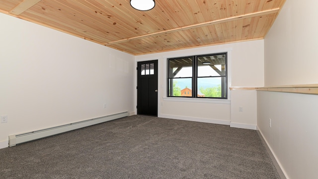 48 Harmony Row, Bethel, ME 04217 - unfurnished room with a baseboard heating unit, dark colored carpet, and wooden ceiling