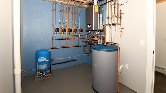 48 Harmony Row, Bethel, ME 04217 - utility room featuring water heater, tankless water heater, and a baseboard heating unit