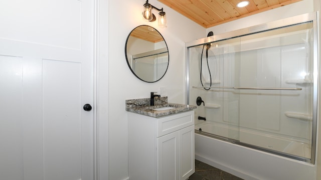 48 Harmony Row, Bethel, ME 04217 - full bath featuring wood ceiling, vanity, bath / shower combo with glass door, and recessed lighting