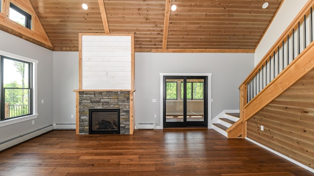 48 Harmony Row, Bethel, ME 04217 - unfurnished living room featuring wooden ceiling, a baseboard radiator, hardwood / wood-style flooring, stairs, and high vaulted ceiling