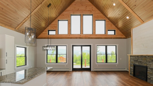 48 Harmony Row, Bethel, ME 04217 - unfurnished living room with baseboard heating, wooden ceiling, high vaulted ceiling, wood-type flooring, and a fireplace