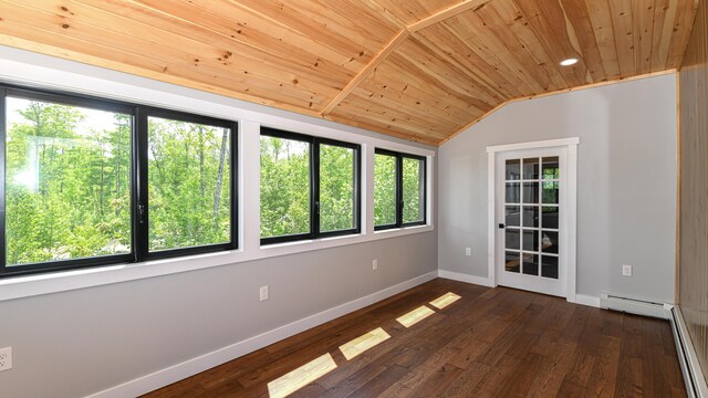 48 Harmony Row, Bethel, ME 04217 - unfurnished room with wooden ceiling, lofted ceiling, dark wood-type flooring, baseboard heating, and a baseboard radiator
