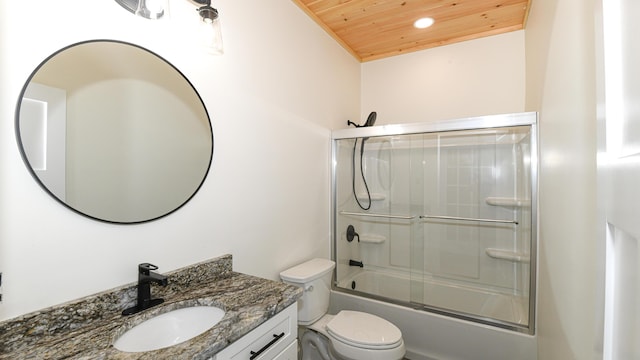 48 Harmony Row, Bethel, ME 04217 - full bath featuring wood ceiling, vanity, combined bath / shower with glass door, and recessed lighting